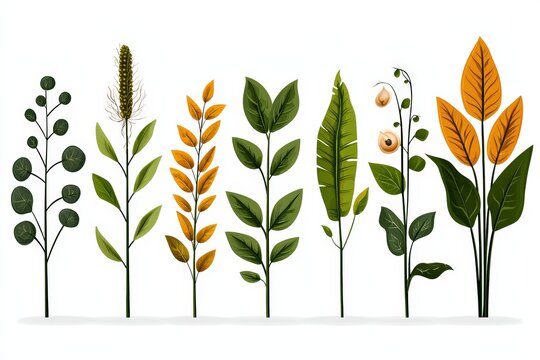 A collection of hand-drawn floral elements showcasing vibrant leaves and stems in various shapes and colors for design use.