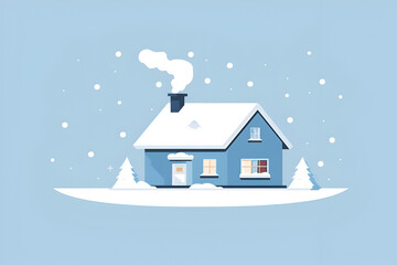 Fototapeta premium Small blue house with a snowy roof and smoke coming from the chimney on a winter day