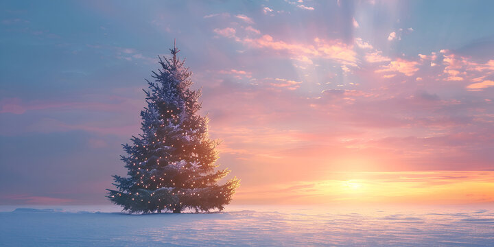 Snow-covered Christmas tree lit by sunrise in a winter landscape