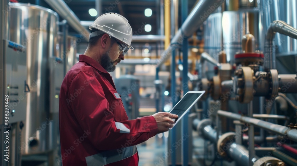 Poster an engineer dressed in safety gear analyzes crucial data on a tablet while surrounded by pipes and m