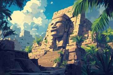 Ancient Stone Face with Jungle Foliage and Stairway