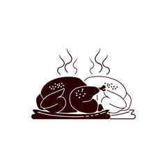 line art and silhouette illustration of two hot roast turkeys on a plate for icon or logo