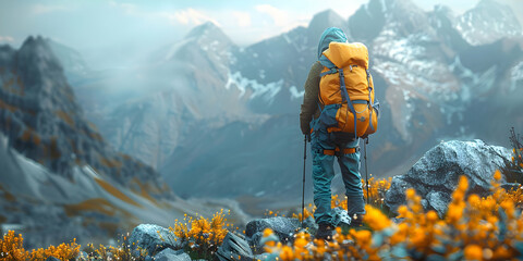 Hiker Stands on Mountain Peak with Copy Space, Inspiring Views and Adventure