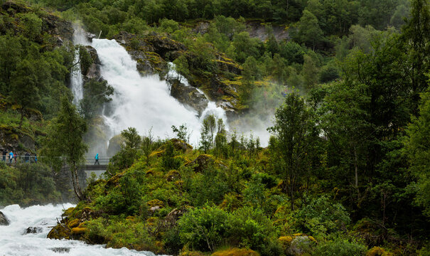 View of the Kleivafossen Waterfall near Briksdal Glacier in Norway.
