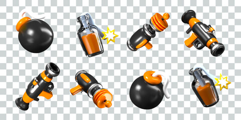 Round bomb, Molotov cocktail, blaster, bazooka. Vector detailed objects