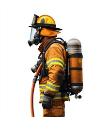 A firefighter in full gear stands ready for action, showcasing bravery and commitment to safety.