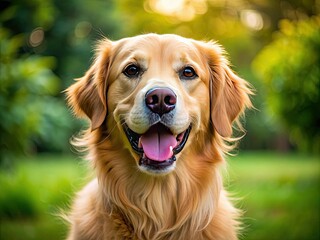 A joyful golden retriever dog beams with a toothy grin, showcasing its adorable nature with a floppy ears and a wagging tail outdoors.