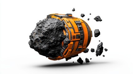 A futuristic mining device extracting ore from an asteroid, showcasing advanced technology in a sci-fi setting.