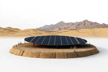 A futuristic solar panel installation in a desert landscape, promoting renewable energy and sustainable technology.