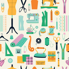 Seamless pattern of sewing tools icons tailor hand made workshop
