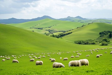 Green hills with grazing sheep in a serene landscape under a cloudy sky