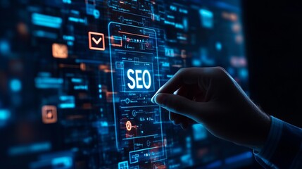SEO Search Engine Optimization concept. Businessman touch AI, SEO icon on websites to rank search engines or