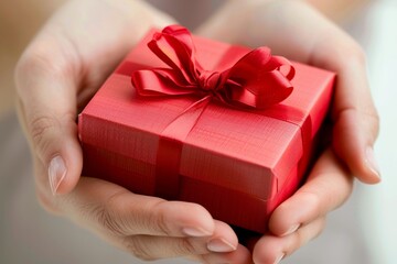 Womans Hands Present a Red Gift Box with Ribbon, Expressing Love, Giving, and Celebration