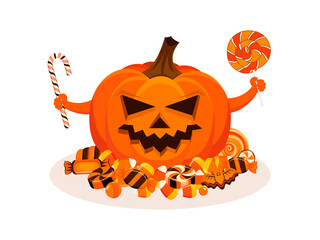 Scary halloween pumpkin holding a lollipop in her hands illustration. Spooky halloween pumpkin with a pile of candy icon on a white background. Grinning halloween pumpkin and sweets drawing