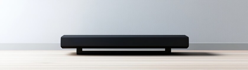 Obraz premium A minimalist black platform on a wooden floor against a light gray wall, perfect for modern interior design.