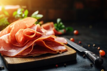 Stack of deli meat slices on a deli counter with a carving knife beside it, with copy space. Gentle, even lighting. Traditional delicatessen