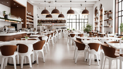 Cafe with white chairs and tables