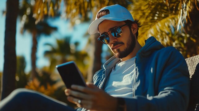 Social media and digital online concept, man using smart phone with Social media. The concept of living on vacation an