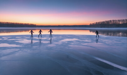Fototapeta premium Four people ice skate on a frozen lake during a vibrant sunset