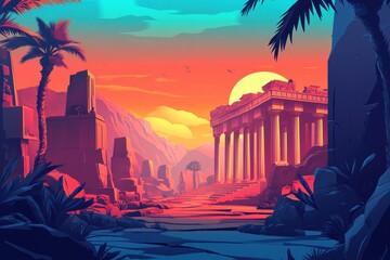 Obraz premium Ancient Ruins and Palm Trees Under a Sunset Sky