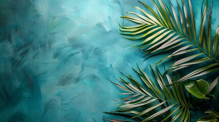 Fototapeta premium Palm leaf on green blue background with space for text