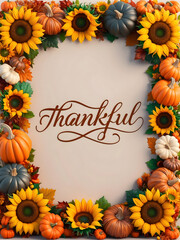 Photo Realistic Autumn Harvest Border with Sunflowers and Thankful Wording   Fall Season Illustration for Invitations, Greeting Cards, and Social Media Posts