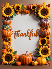 Autumn Harvest Border with Sunflowers and Thankful Wording   Vibrant Sunflower and Pumpkin Frame for Fall Season, Ideal for Invitations and Social Media Posts