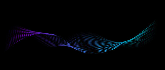 Flowing dot particles light wave pattern halftone. Modern purple and green gradient smooth curve shape isolated on black background.  Futuristic technology concept. Vector illustration