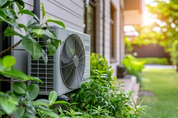 Outdoor air conditioning unit installed on a wall, surrounded by green plants, on a sunny day.