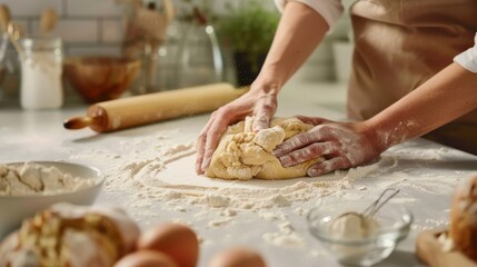 The hands kneading dough