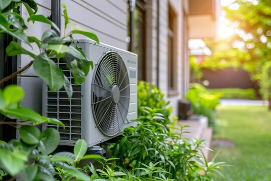 Outdoor air conditioning unit installed on a wall, surrounded by green plants, on a sunny day.
