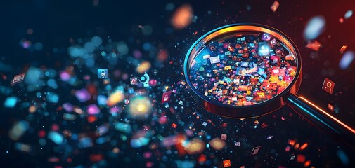 A Captivating 3D Magnifying Glass Illuminating a Colorful Cluster of Vibrant Icons in a Dark Background
