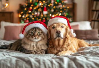 Gato fofo e cachorro golden retriever usando um chapéu de Papai Noel, sentados juntos em uma cama em casa com uma árvore de Natal ao fundo.