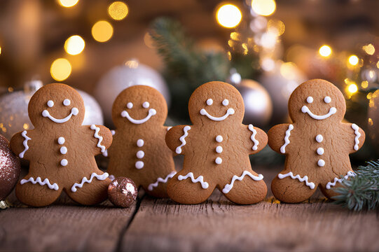 Quatro biscoitos de gengibre em forma de bonecos fofos, colocados sobre uma mesa de madeira com decora&ccedil;&otilde;es de Natal e luzes