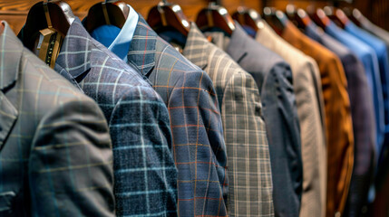 Row of men's suits hanging. Elegant jacket hanged on a clothes rack