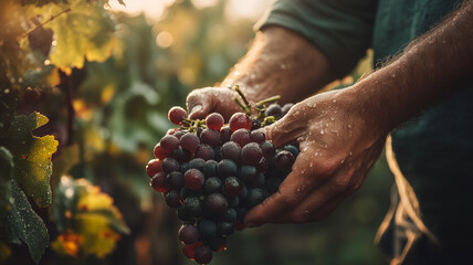 Obraz premium A close-up of a man's hands picking a bunch of ripe grapes in a vineyard, dew glistening on the grapes in the early morning light. Ai generated