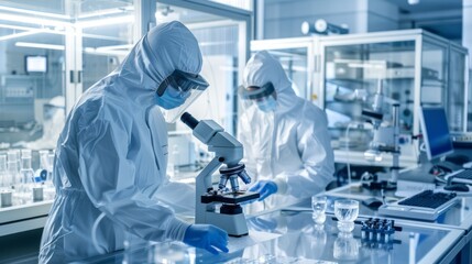 In a modern laboratory, two scientists donning protective gear analyze samples under a microscope, revealing a commitment to groundbreaking research and innovation
