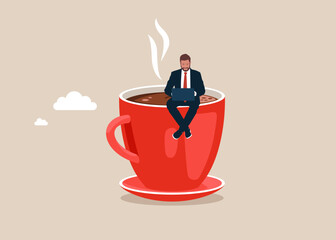 Huge Cup of hot coffee and programming sitting on mug and drinking coffee. Flat vector illustration