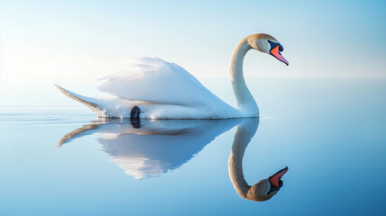 Fototapeta premium A majestic white swan gliding gracefully across the calm water, its reflection mirrored perfectly. Ai generated