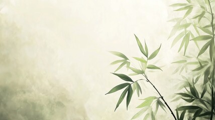 Minimalist Illustration of Serene Bamboo Leaves Swaying in the Breeze Against an Abstract Background, with Empty Space on the Side