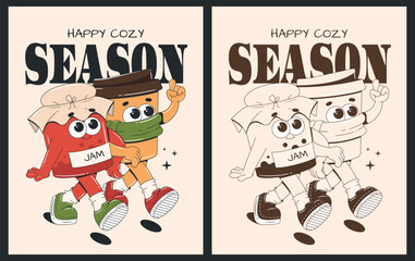 Retro cartoon posters with coffee cup and jam jar characters. Autumn vector illustration in 70s style 