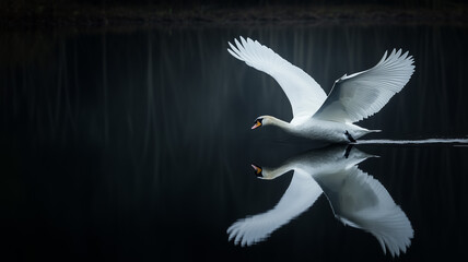 Obraz premium A majestic white swan gliding gracefully across the calm water, its reflection mirrored perfectly. Ai generated