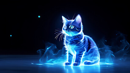 Beautiful cat in lights forms and figures of smoke movement, genie ghost holographic projection of cat