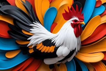 Obraz premium A stylized rooster with a vibrant red comb stands out against a colorful background of swirling feathers.