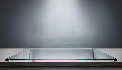 Clear glass countertop with a bare shelf. Kitchen counter with spot light on a gray background.