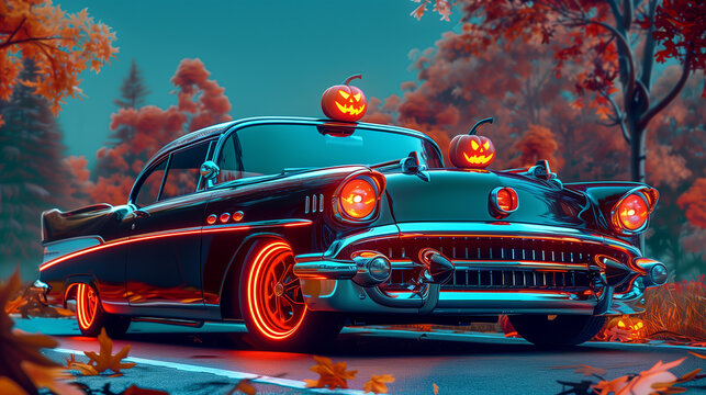 retro car decorated with halloween attributes. pumpkins, jack-o-lanterns, bats. horizontal banner