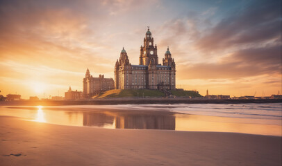 Fototapeta premium The Royal Liver Building stands tall on the waterfront at sunset