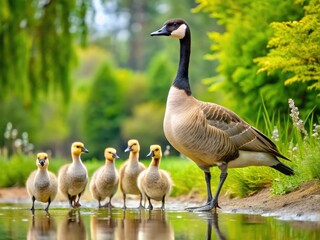 Obraz premium A majestic Canada goose family waddles together, showcasing the adults' distinctive black heads and necks, white facial patches, and warm brown plumage, amidst a serene natural setting.