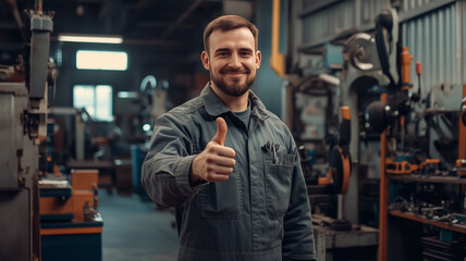 A mechanic in a gray work uniform flashing a thumbs up while standing in a well-organized workshop filled with tools and machinery, with a positive and professional demeanor. Ai generated