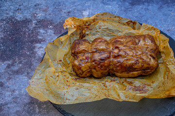 Mock meat- plant based alternative - seitan. Washed flour gluten with spices,  steamed and roasted.